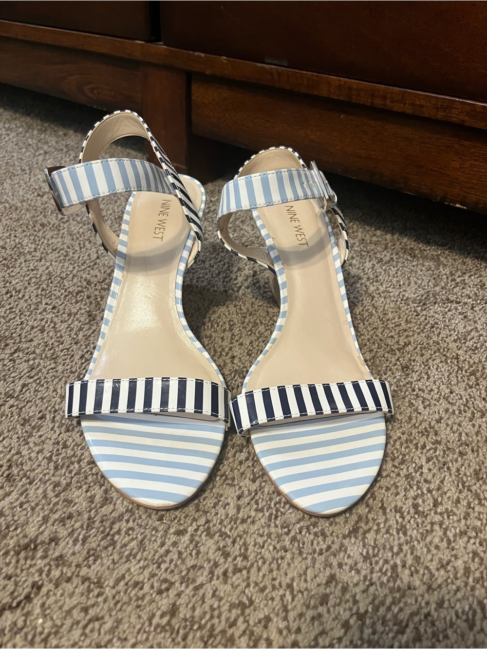 Nine West Light Blue & Navy Striped Ankle-Strap Sandals